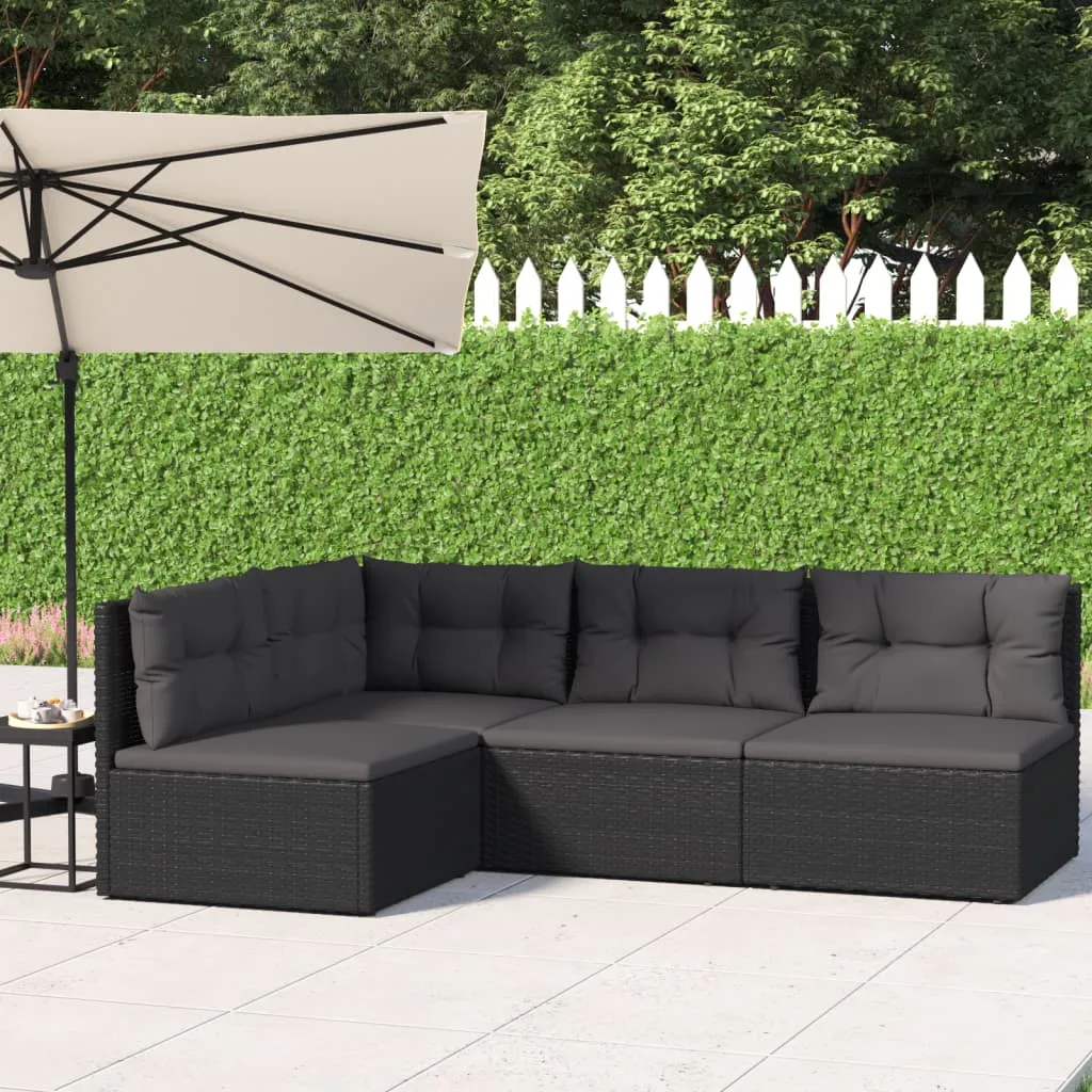 vidaXL Set Divani da Giardino 4 pz con Cuscini Nero in Polyrattan