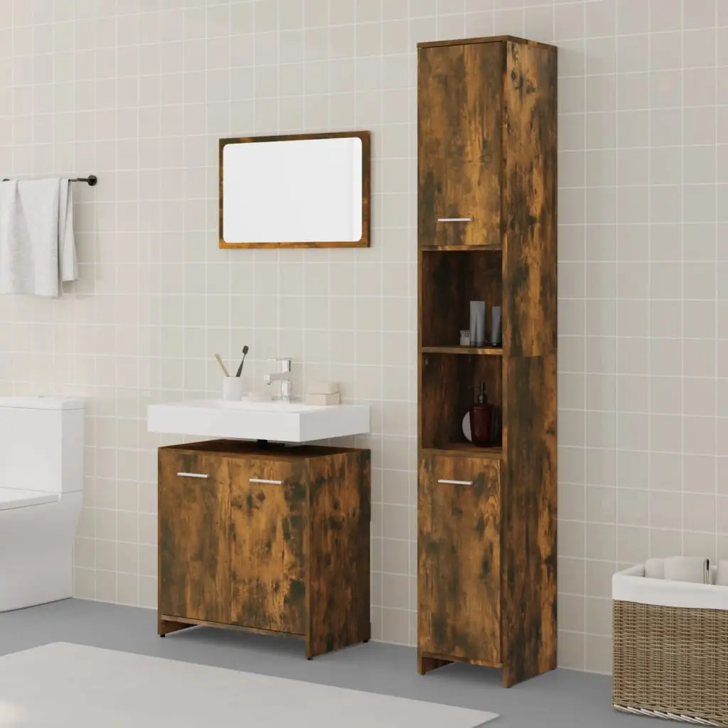 Set Mobili da Bagno 3 pz Rovere Fumo in Legno Multistrato