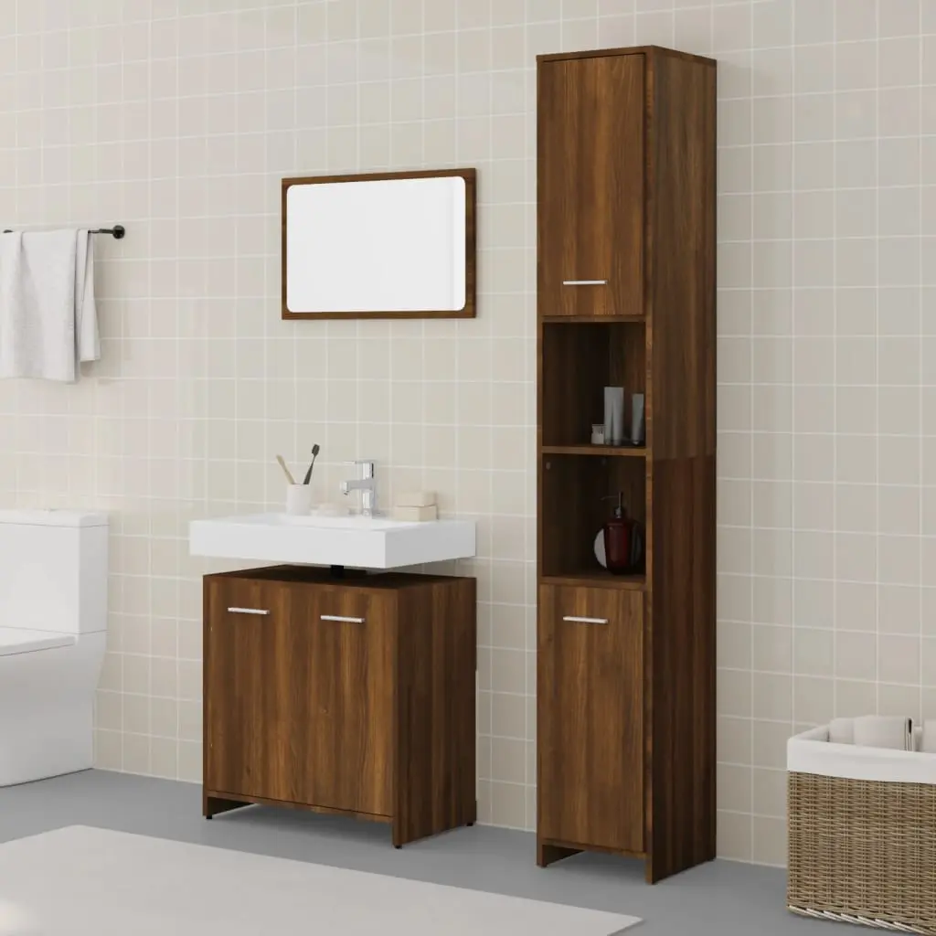 Set Mobili da Bagno 3 pz Rovere Marrone in Legno Multistrato