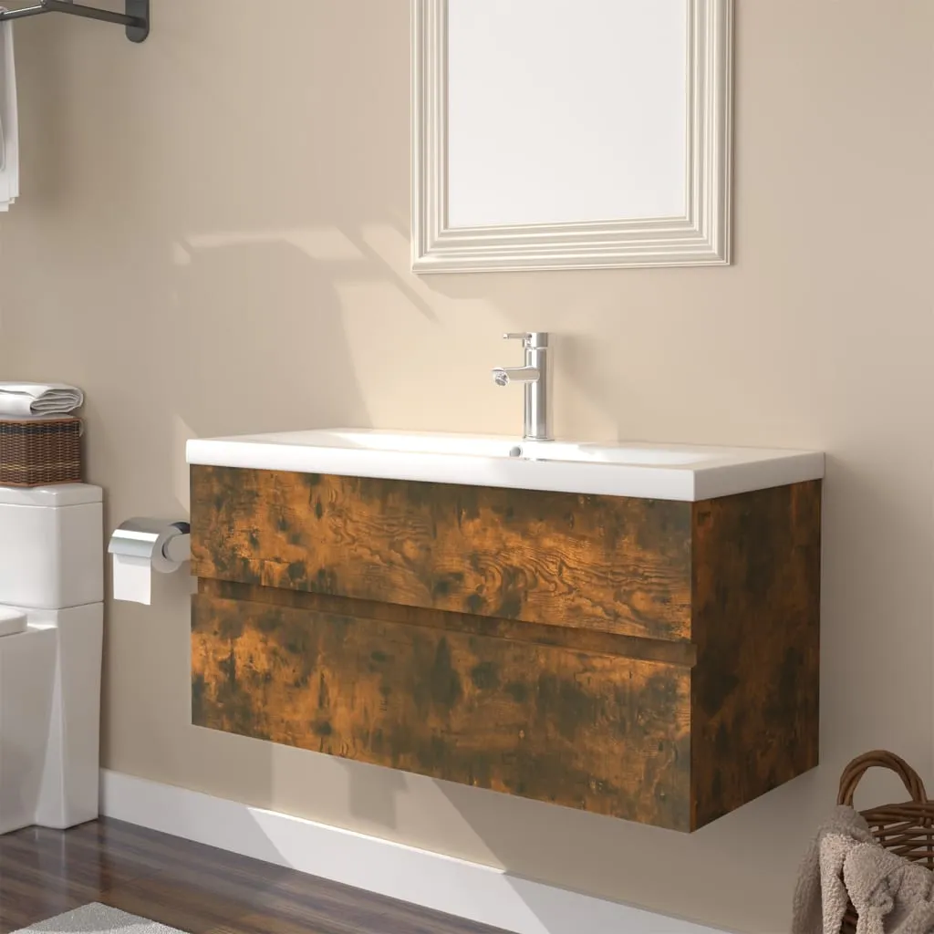 vidaXL Mobile Bagno con Lavabo Integrato Rovere Fumo Legno Multistrato