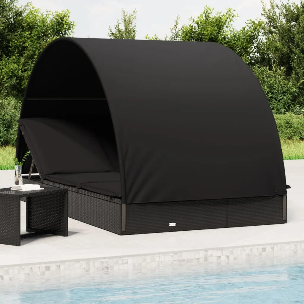 vidaXL Lettino Doppio Tetto Rotondo Nero 211x112x140 cm in Polyrattan