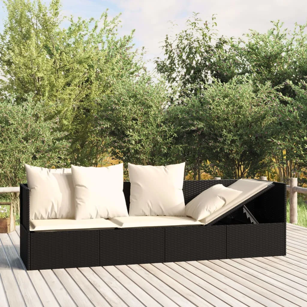 vidaXL Lettino Prendisole da Esterno con Cuscini Nero in Polyrattan