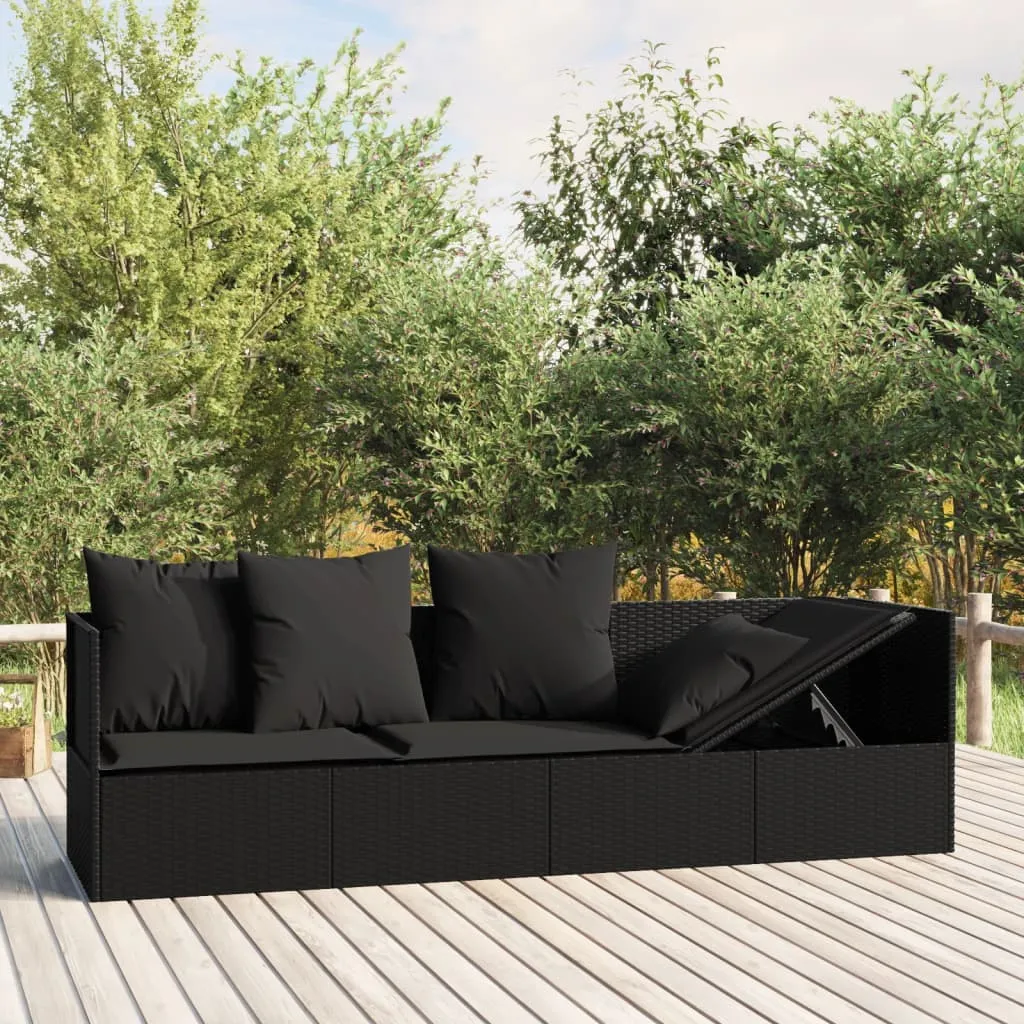 vidaXL Lettino Prendisole da Esterno con Cuscini Nero in Polyrattan