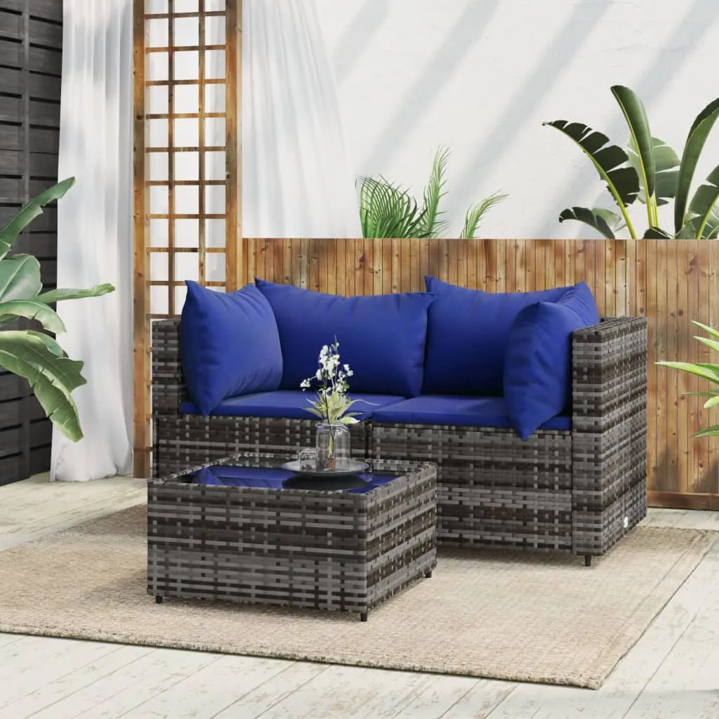 vidaXL Set Divani da Giardino 3 pz con Cuscini in Polyrattan Grigio