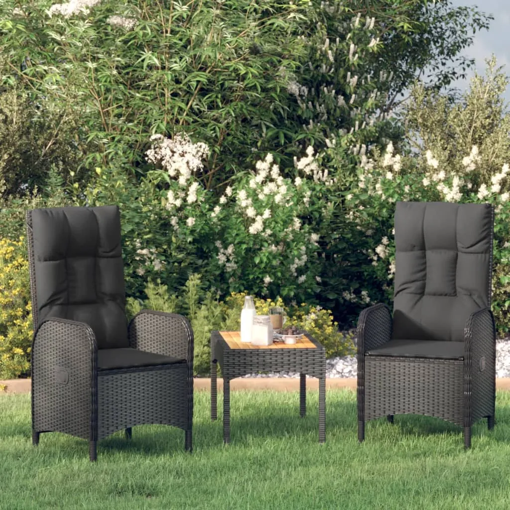 vidaXL Set Divani da Giardino 3 pz con Cuscini Nero in Polyrattan