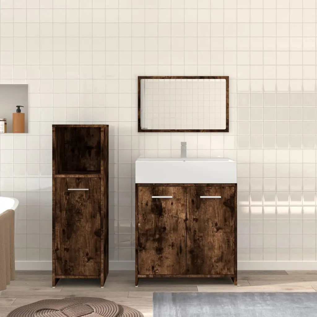 Set Mobili da Bagno 3 pz Rovere Fumo in Legno Multistrato