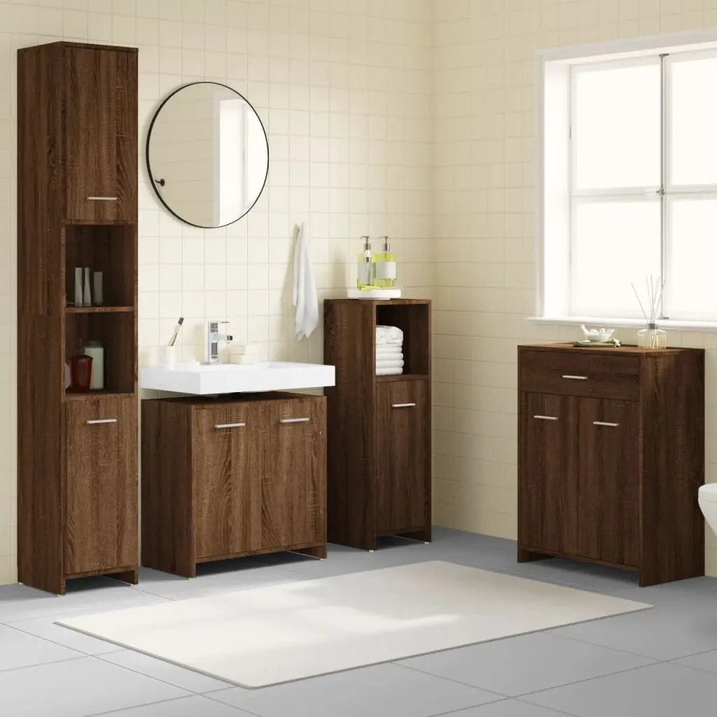 Set Mobili da Bagno 4 pz Rovere Marrone in Legno Multistrato