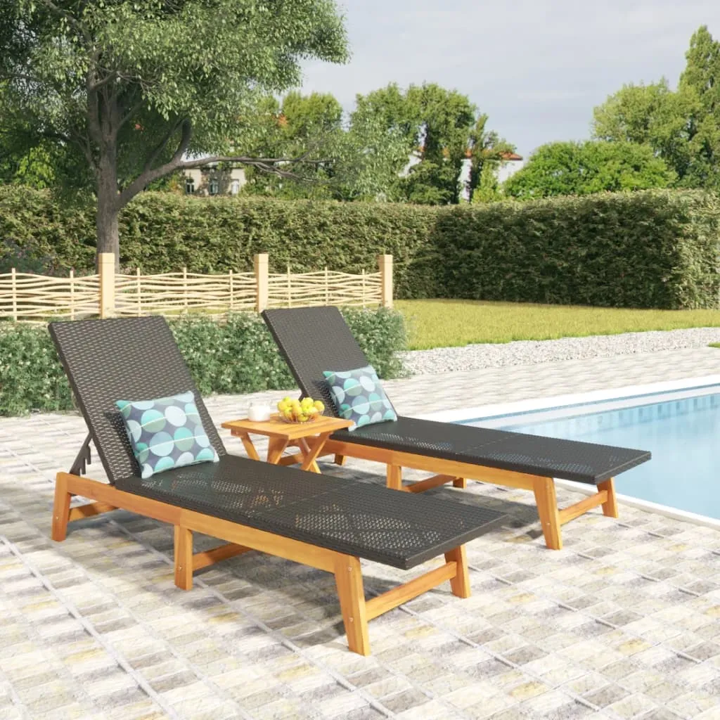 vidaXL Sdraio 2pz Nero e Marrone Polyrattan e Legno Massello di Acacia