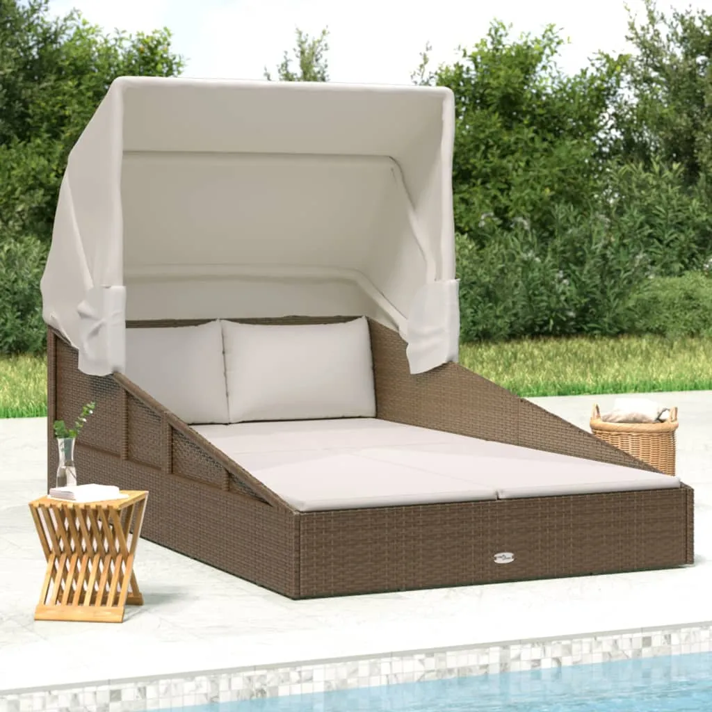 vidaXL Lettino con Tetto Pieghevole Marrone 200x114x128 cm Polyrattan