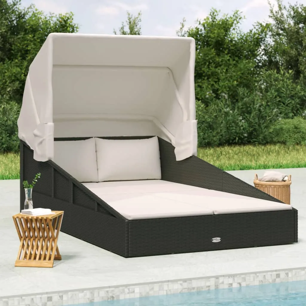 vidaXL Lettino con Tettuccio Pieghevole Nero 200x114x128 cm Polyrattan