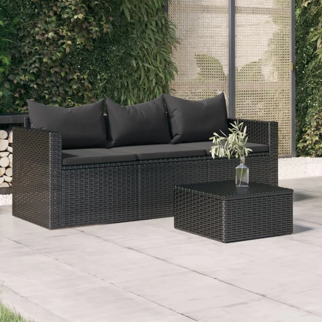 vidaXL Divano da Giardino a 3 Posti con Cuscini Nero in Polyrattan