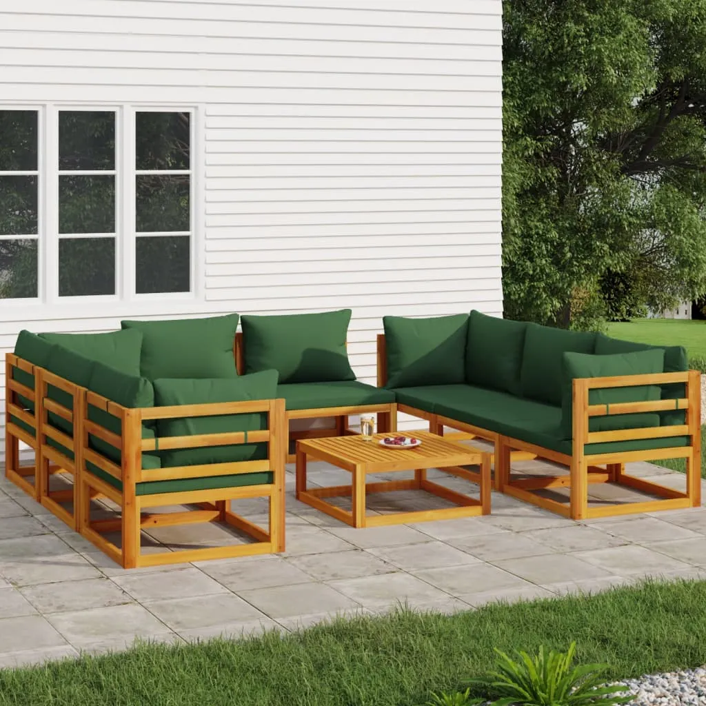 vidaXL Set Salotto da Giardino 9pz con Cuscini Verdi in Legno Massello