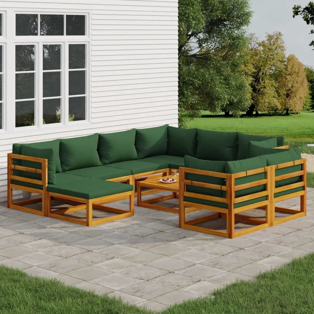 vidaXL Set Salotto da Giardino 10pz con Cuscini Verdi Legno Massello