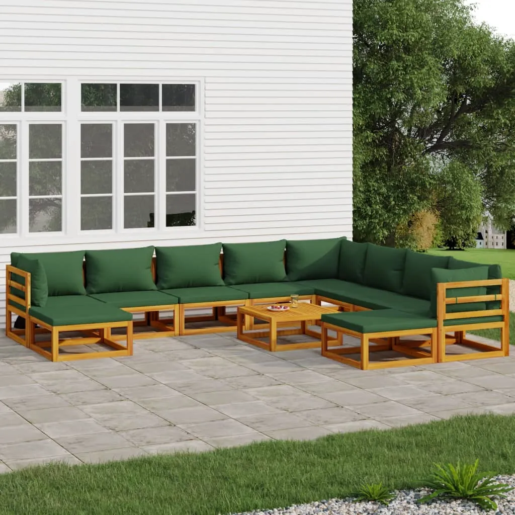 vidaXL Set Salotto da Giardino 11pz con Cuscini Verdi Legno Massello