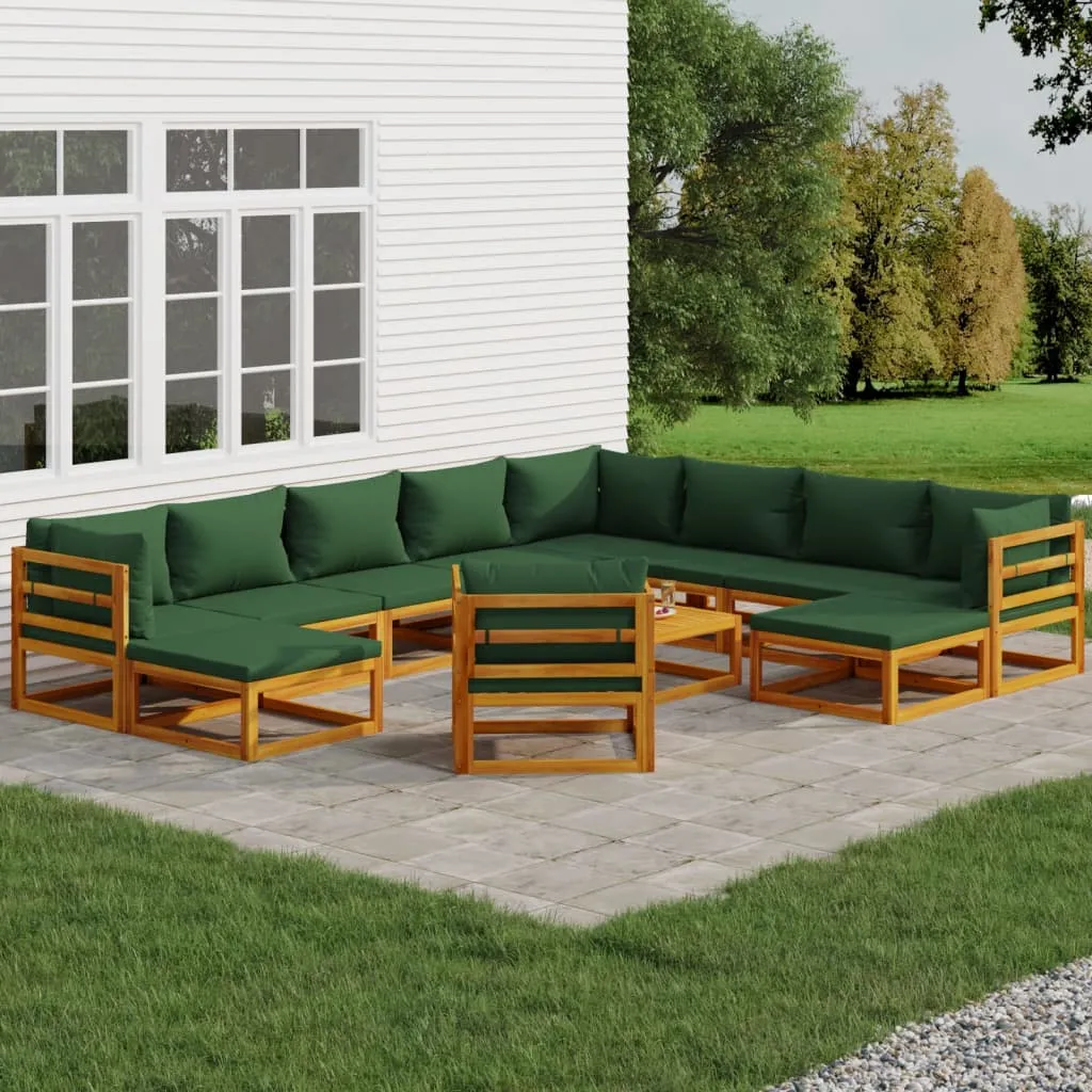 vidaXL Set Salotto da Giardino 12pz con Cuscini Verdi Legno Massello