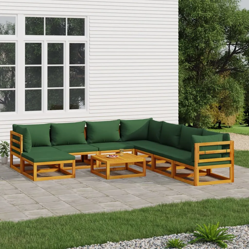 vidaXL Set Salotto da Giardino 9pz con Cuscini Verdi in Legno Massello