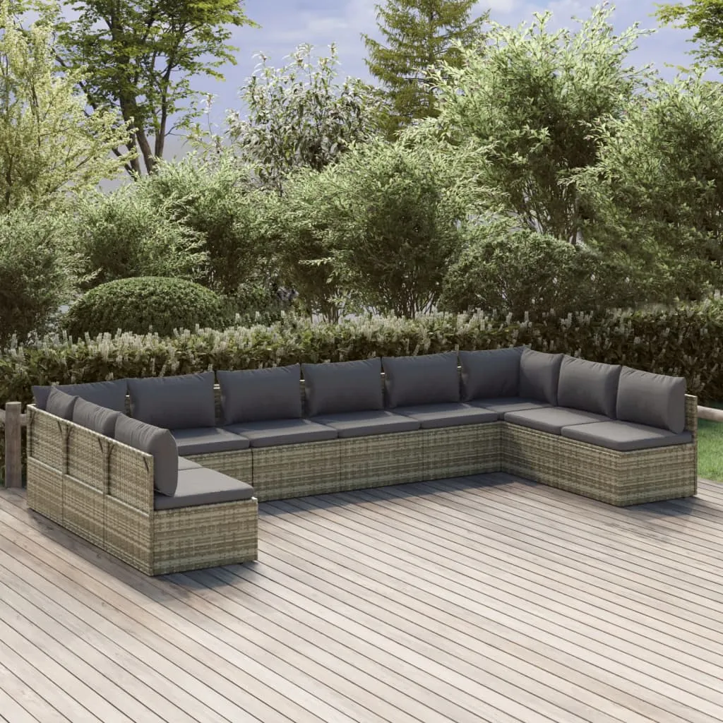 vidaXL Set Divani da Giardino 10 pz con Cuscini in Polyrattan Grigio