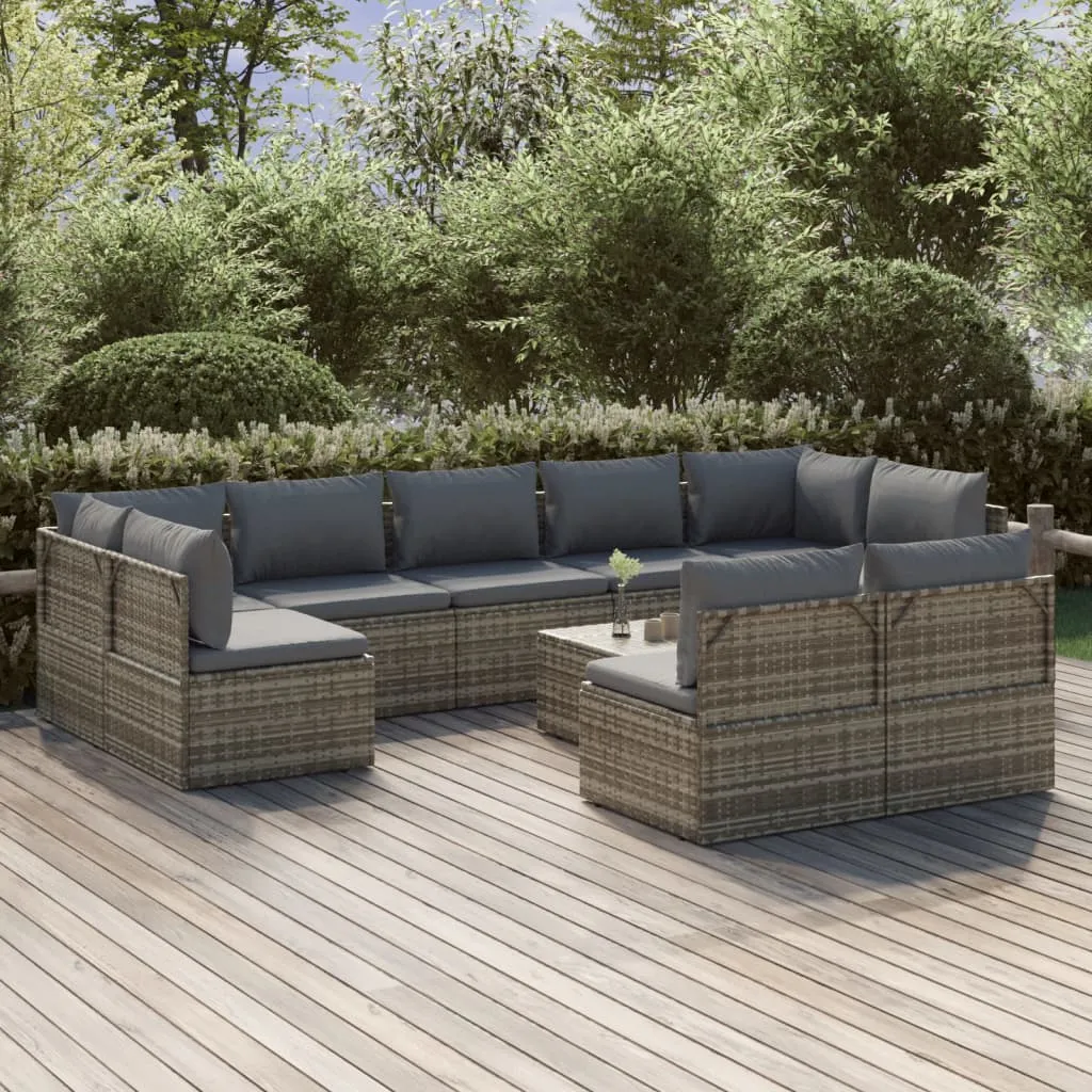 vidaXL Set Divani da Giardino 10 pz con Cuscini in Polyrattan Grigio