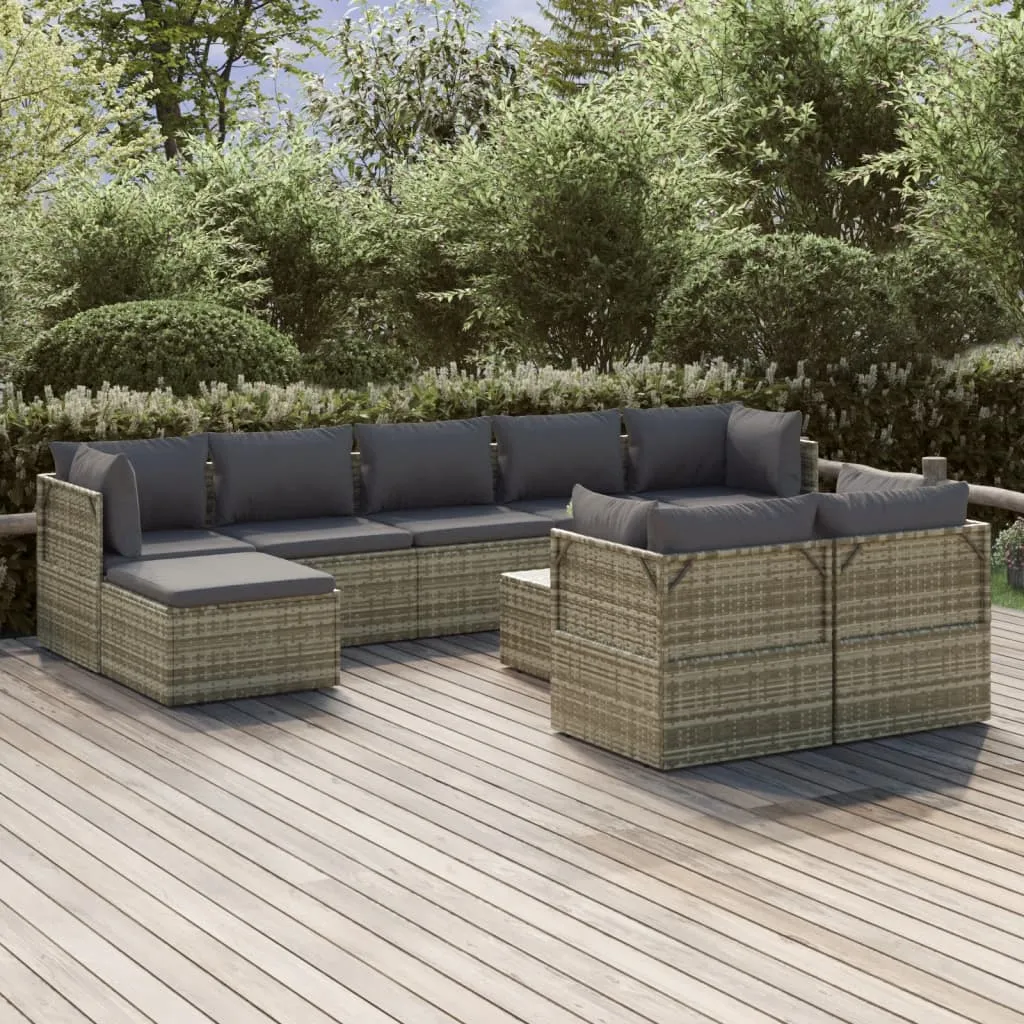 vidaXL Set Divani da Giardino 10 pz con Cuscini in Polyrattan Grigio