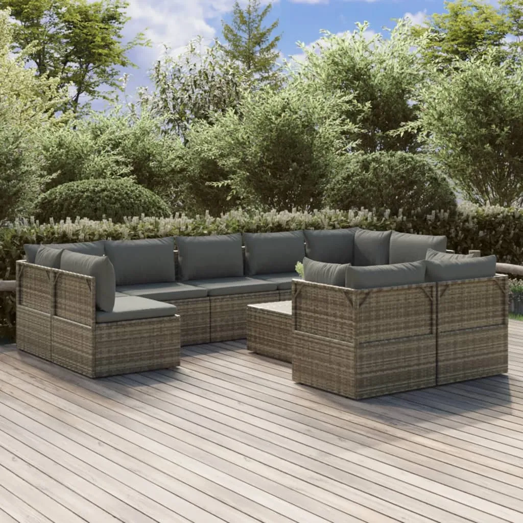 vidaXL Set Divani da Giardino 10 pz con Cuscini in Polyrattan Grigio