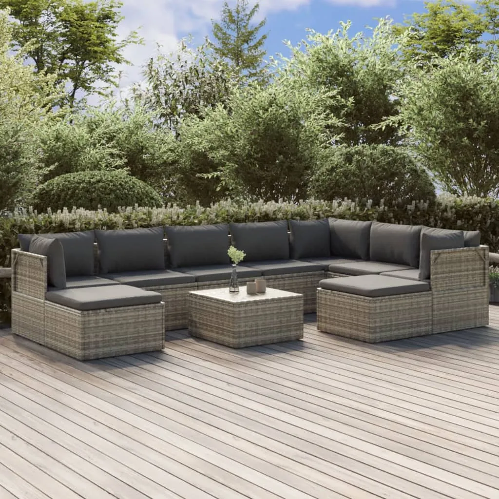 vidaXL Set Divani da Giardino 10 pz con Cuscini in Polyrattan Grigio