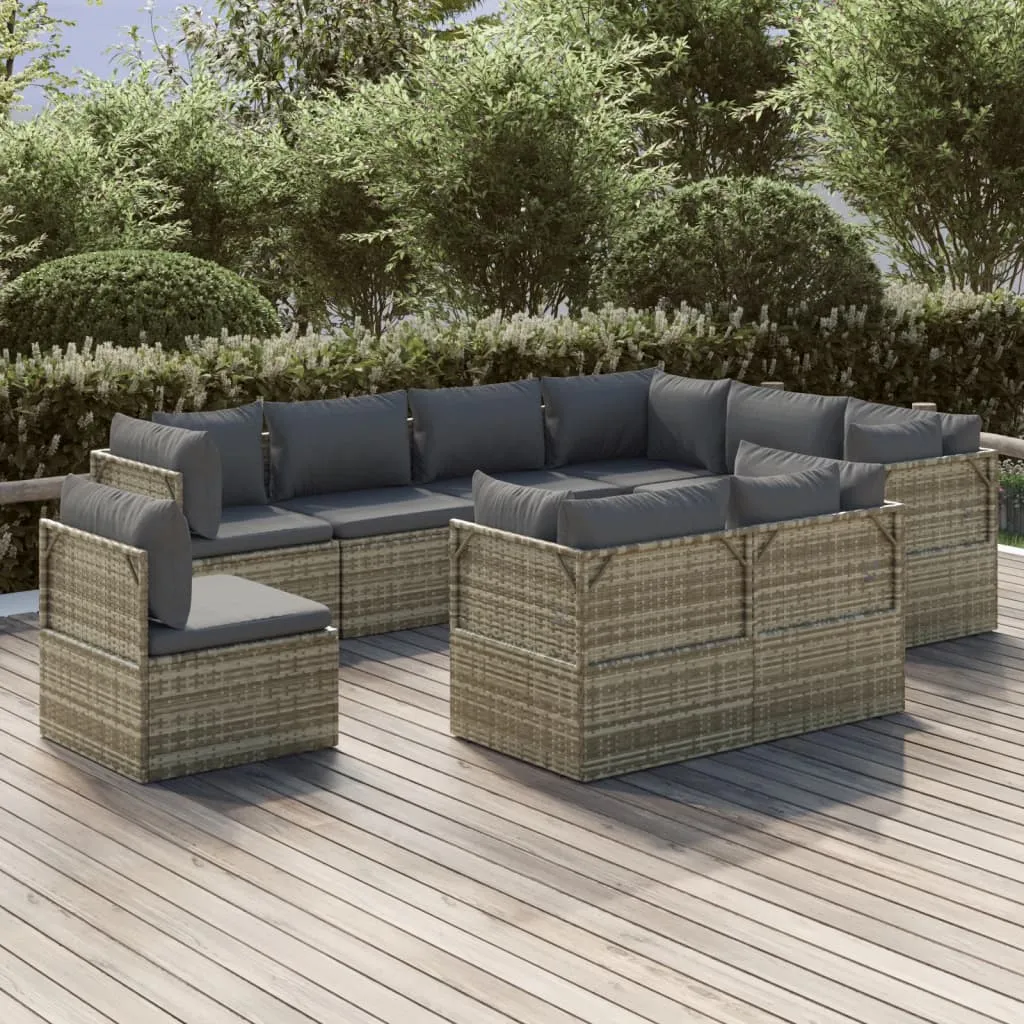 vidaXL Set Divani da Giardino 9 pz con Cuscini in Polyrattan Grigio