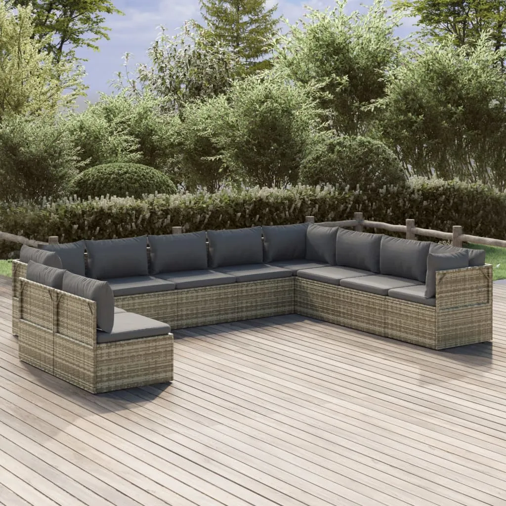 vidaXL Set Divani da Giardino 10 pz con Cuscini in Polyrattan Grigio