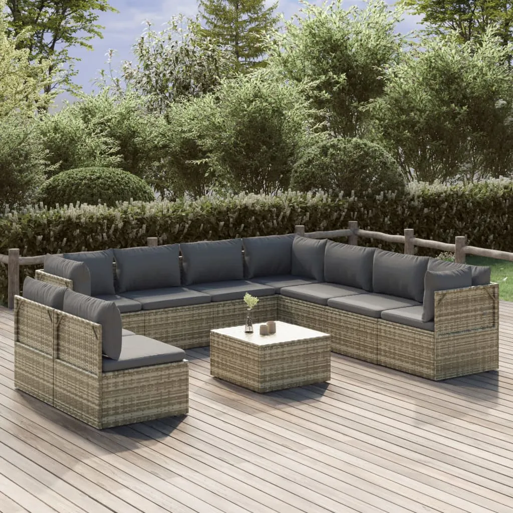 vidaXL Set Divani da Giardino 10 pz con Cuscini in Polyrattan Grigio