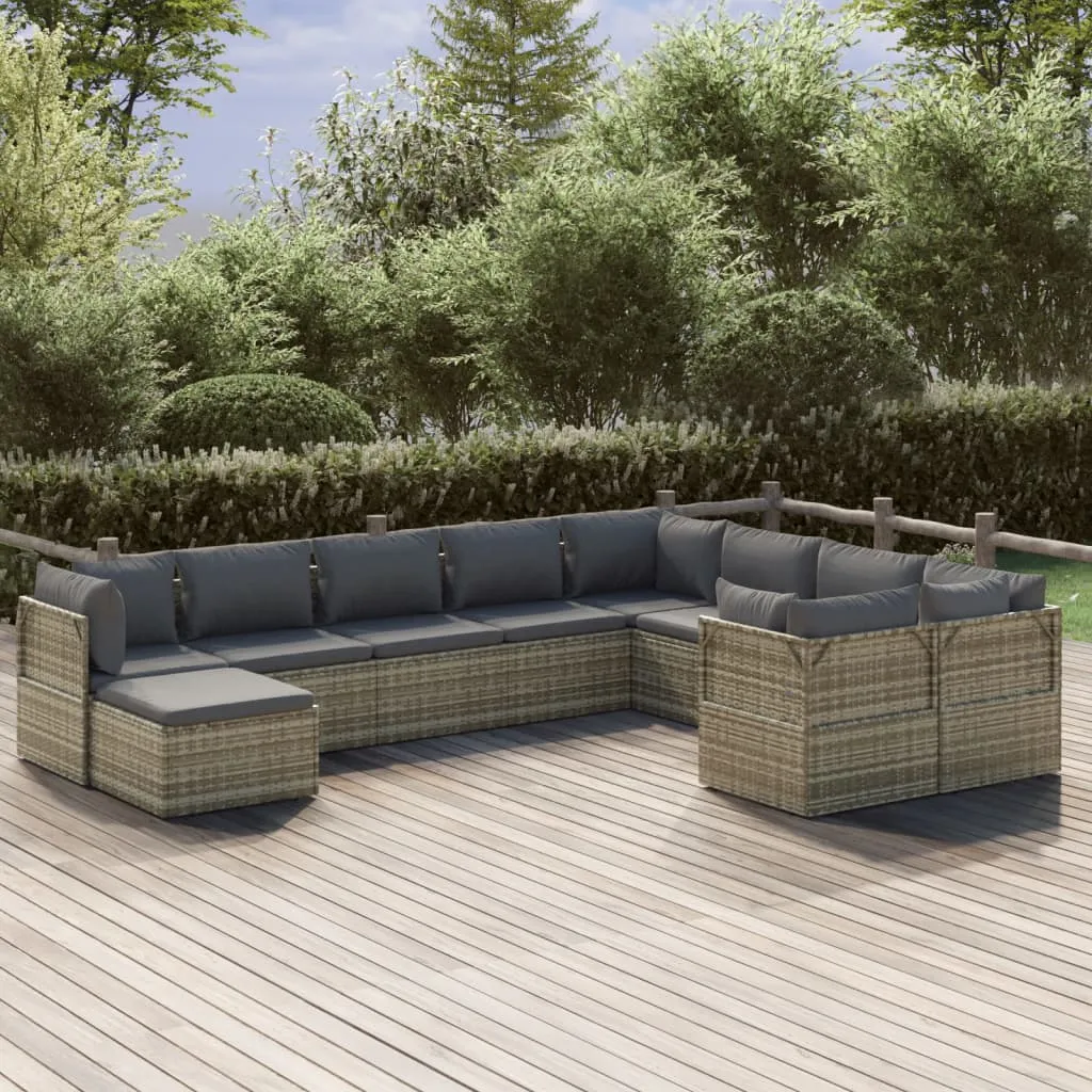 vidaXL Set Divani da Giardino 10 pz con Cuscini in Polyrattan Grigio