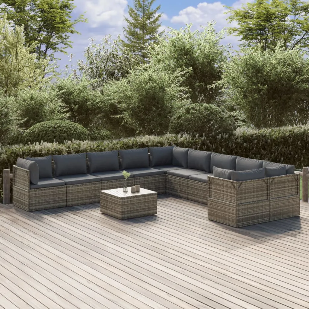 vidaXL Set Divani da Giardino 11 pz con Cuscini in Polyrattan Grigio