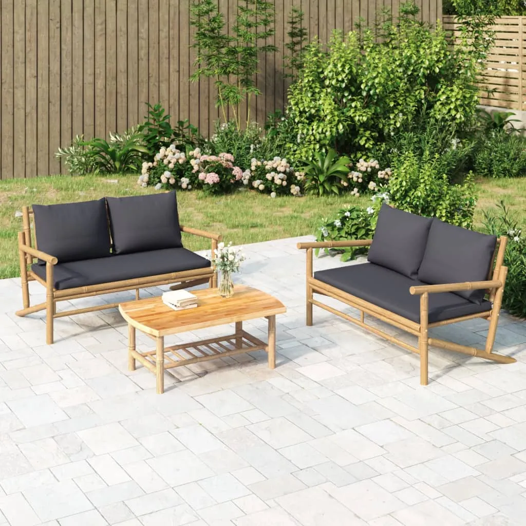 vidaXL Set Salotto da Giardino 3pz con Cuscini Grigio Scuro Bambù