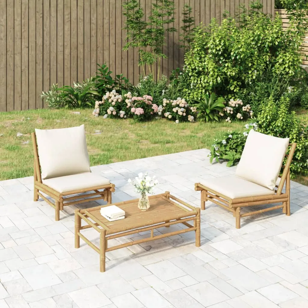 vidaXL Set Salotto da Giardino 3pz con Cuscini Bianco Crema in Bambù