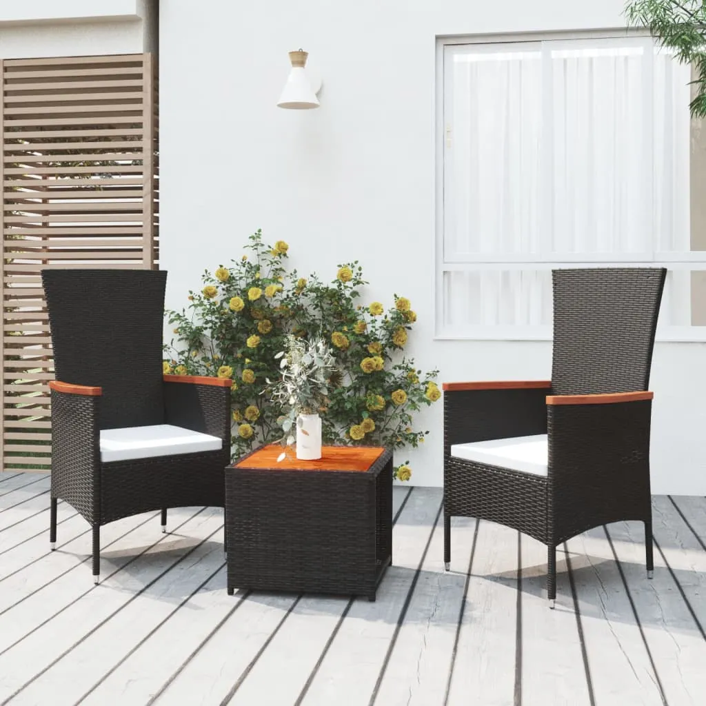 vidaXL Set Mobili Giardino 3pz Nero Polyrattan e Legno Massello Acacia