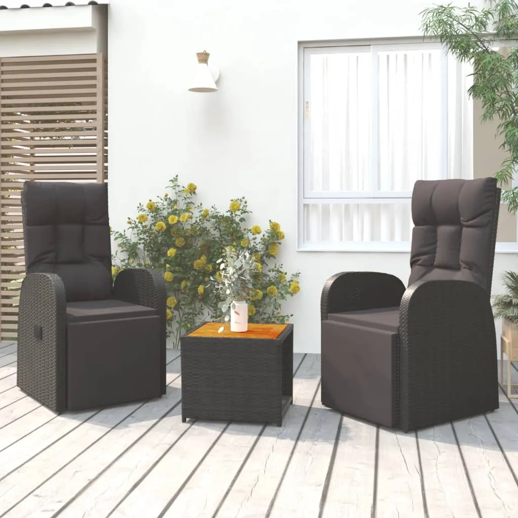 vidaXL Set Mobili Giardino 3pz Nero Polyrattan e Legno Massello Acacia