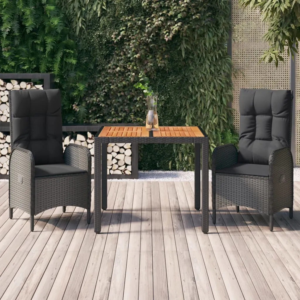 vidaXL Set da Pranzo da Giardino 3 pz con Cuscini Nero in Polyrattan