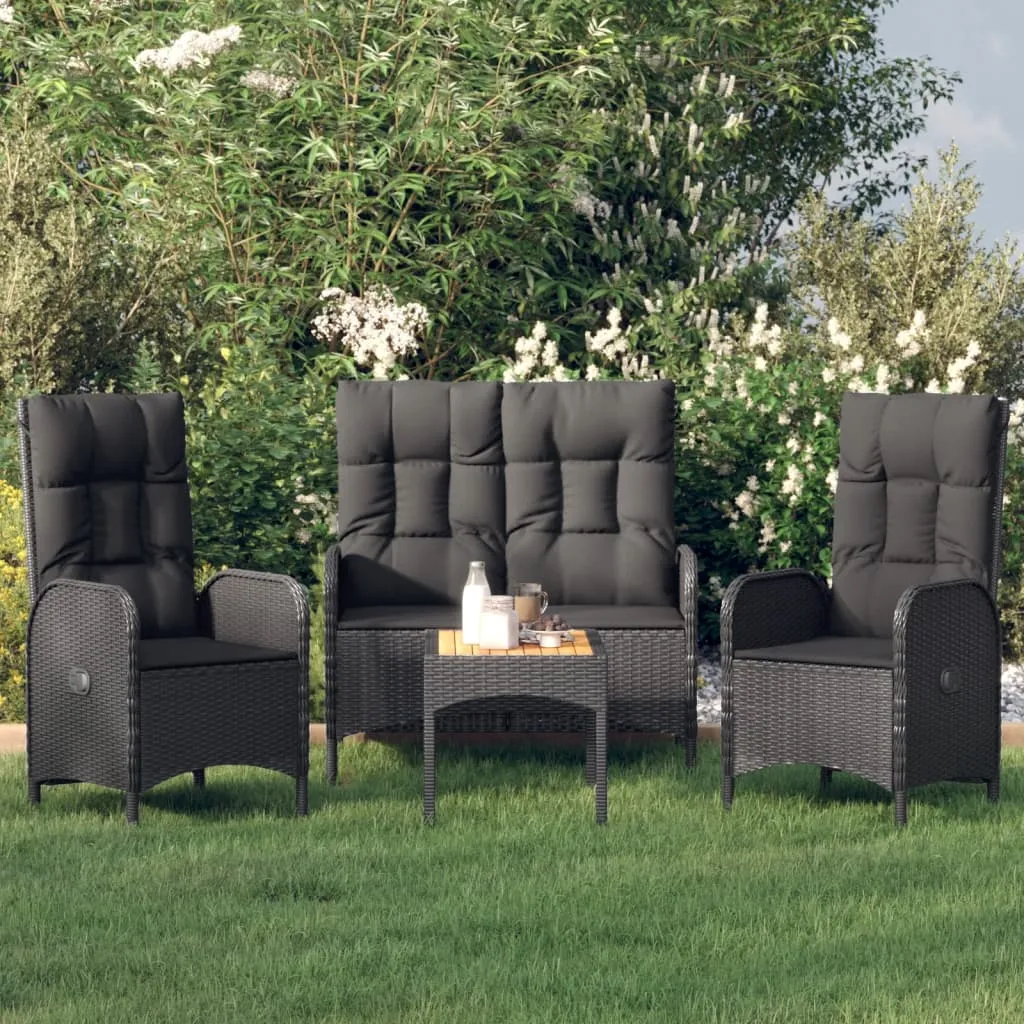 vidaXL Set Divani da Giardino 4 pz con Cuscini Nero in Polyrattan