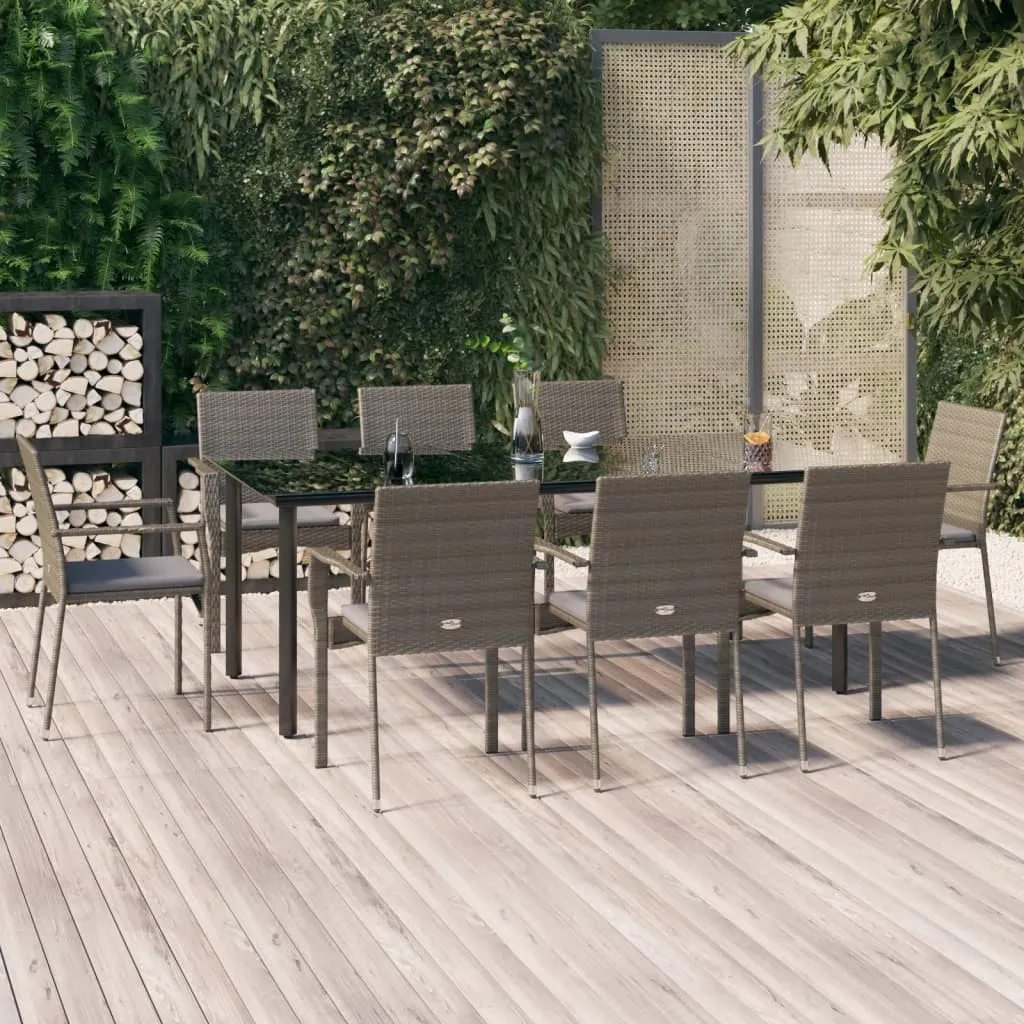 vidaXL Set da Pranzo Giardino 9pz con Cuscini Nero e Grigio Polyrattan