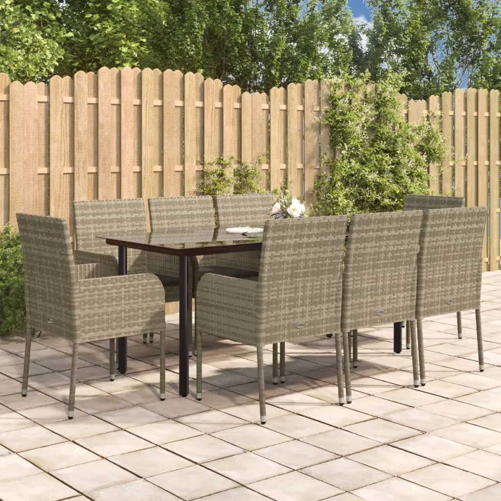 vidaXL Set da Pranzo Giardino 9pz con Cuscini Nero e Grigio Polyrattan