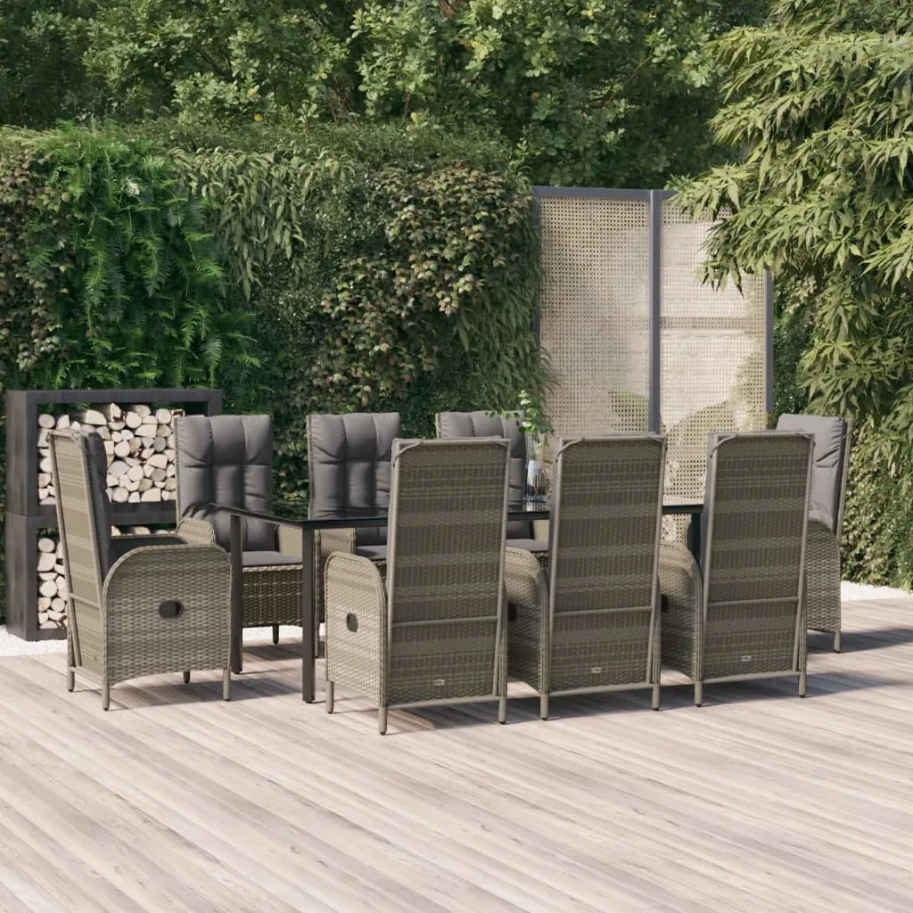 vidaXL Set da Pranzo Giardino 9pz con Cuscini Nero e Grigio Polyrattan