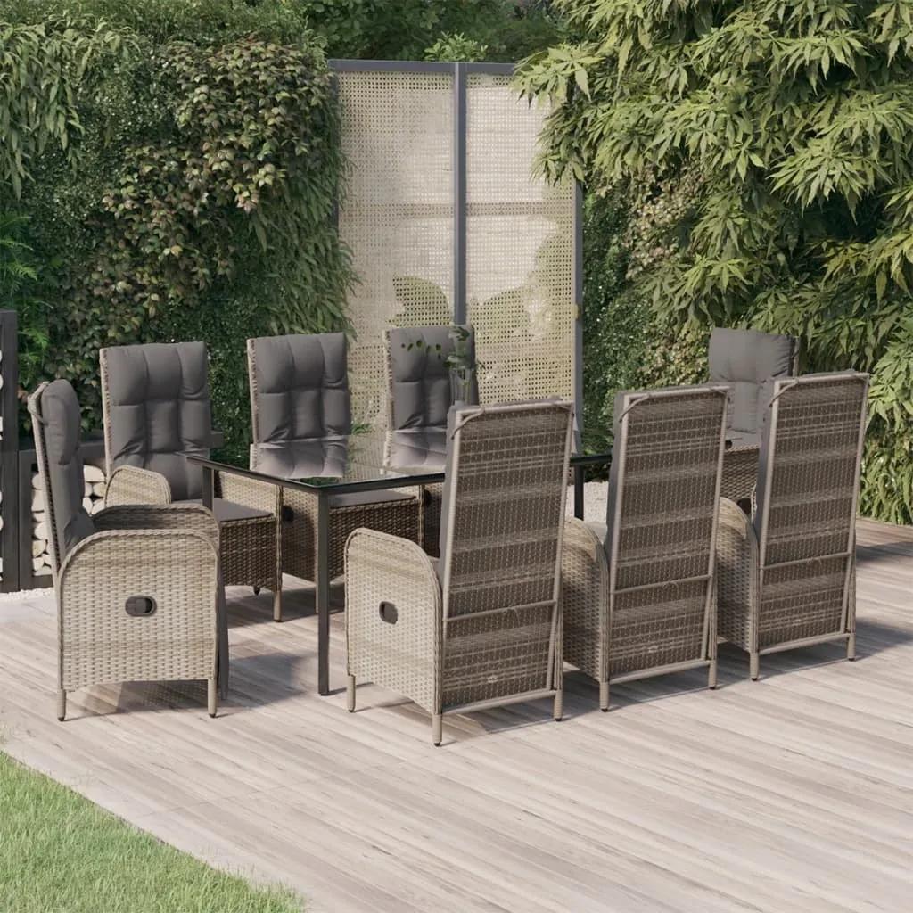 vidaXL Set da Pranzo Giardino 9pz con Cuscini Nero e Grigio Polyrattan