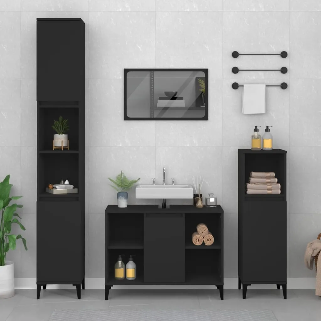 vidaXL Set Mobili da Bagno 3 pz Nero in Legno Multistrato