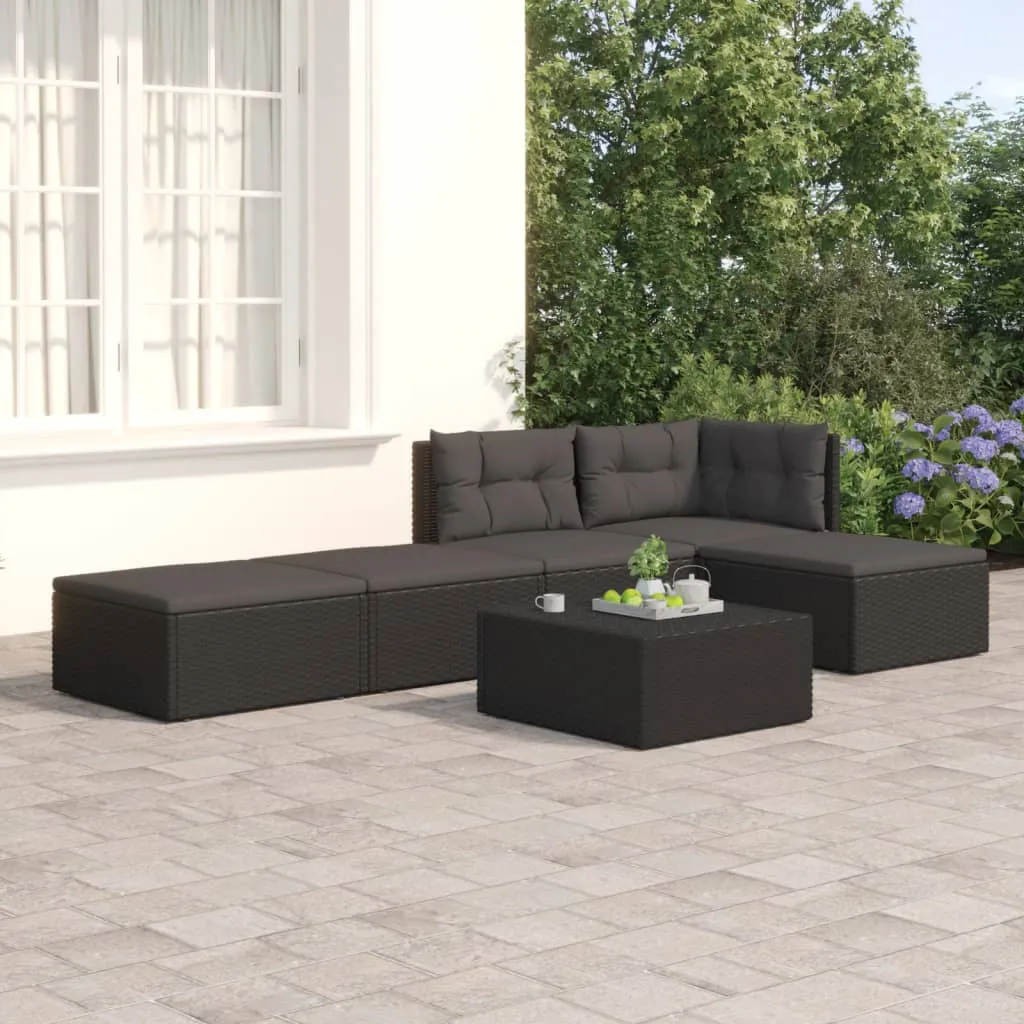 vidaXL Set Divani da Giardino 5 pz con Cuscini Nero in Polyrattan