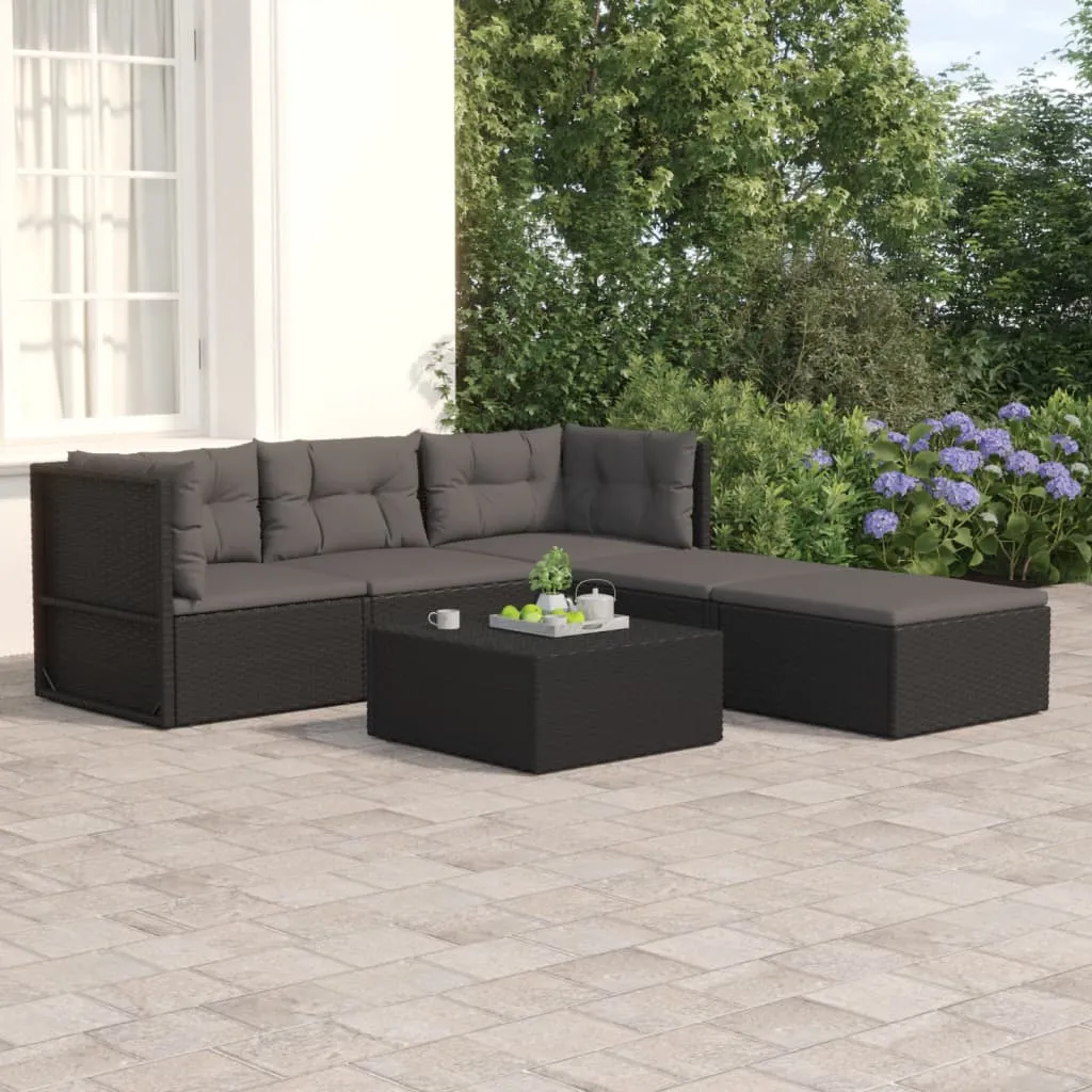 vidaXL Set Divani da Giardino 5 pz con Cuscini Nero in Polyrattan