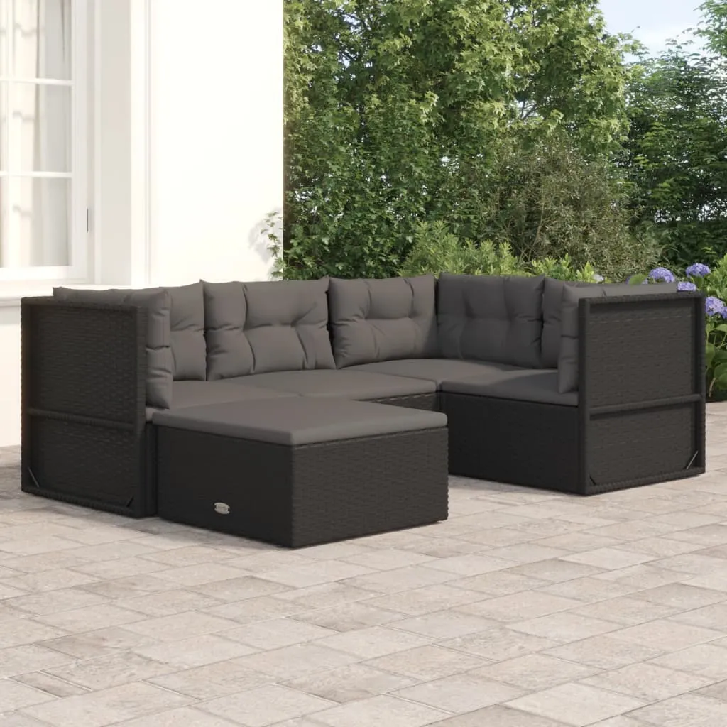 vidaXL Set Divani da Giardino 5 pz con Cuscini Nero in Polyrattan