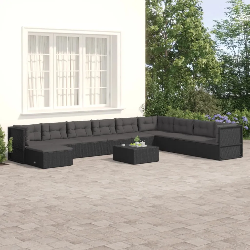 vidaXL Set Salotto da Giardino 10pz con Cuscini in Polyrattan Nero