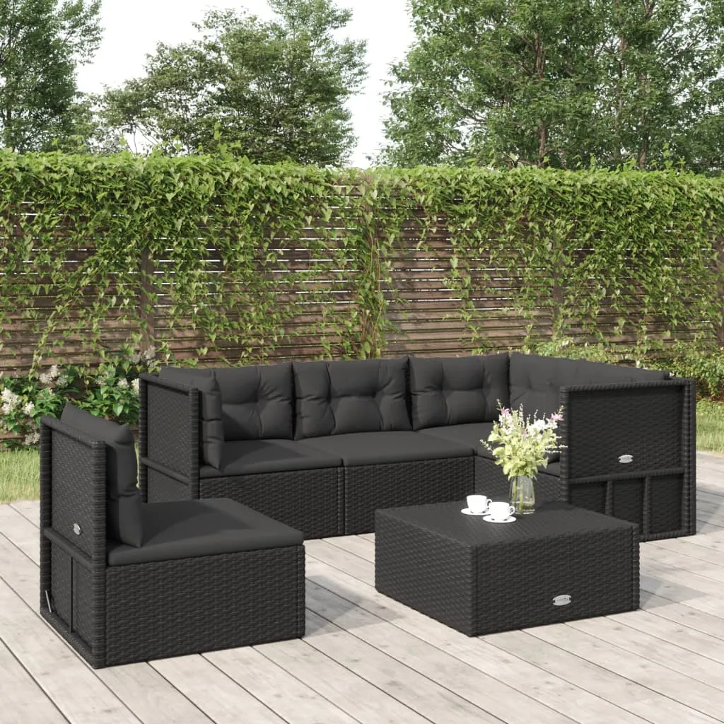 vidaXL Set Divani da Giardino 5 pz con Cuscini Nero in Polyrattan