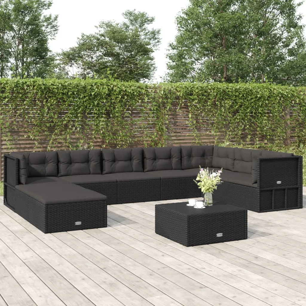 vidaXL Set Salotto da Giardino con Cuscini 9pz Nero in Polyrattan