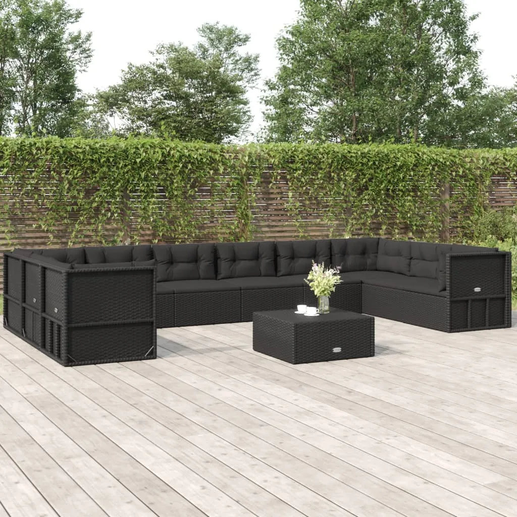 vidaXL Set Salotto da Giardino 10pz con Cuscini in Polyrattan Nero