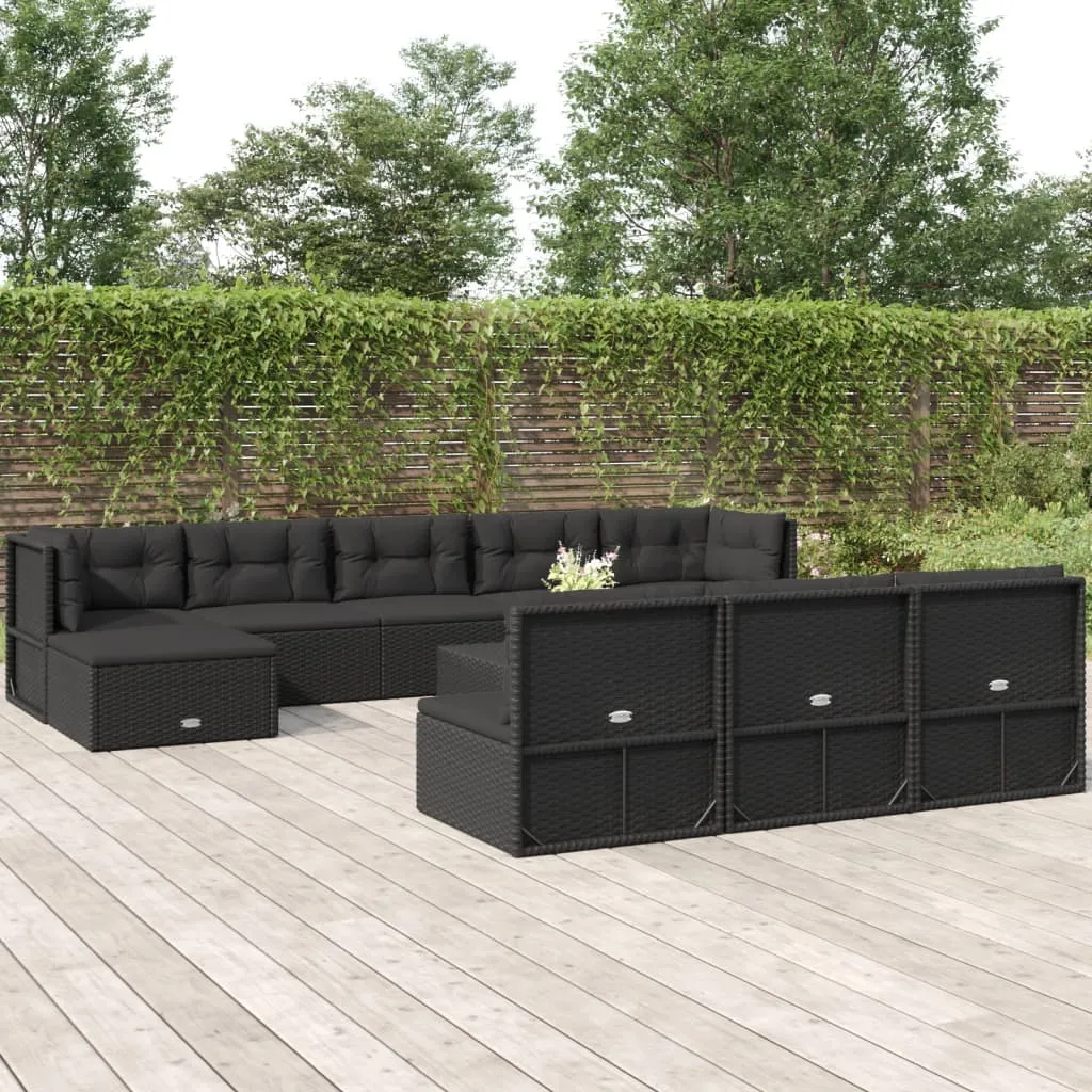 vidaXL Set Salotto da Giardino 10pz con Cuscini in Polyrattan Nero