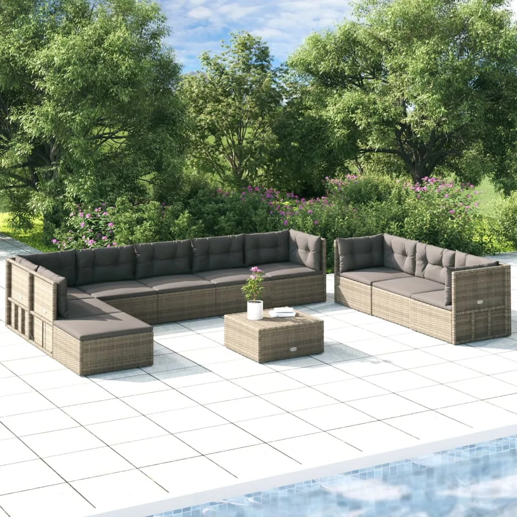 vidaXL Set Divani da Giardino 10 pz con Cuscini in Polyrattan Grigio